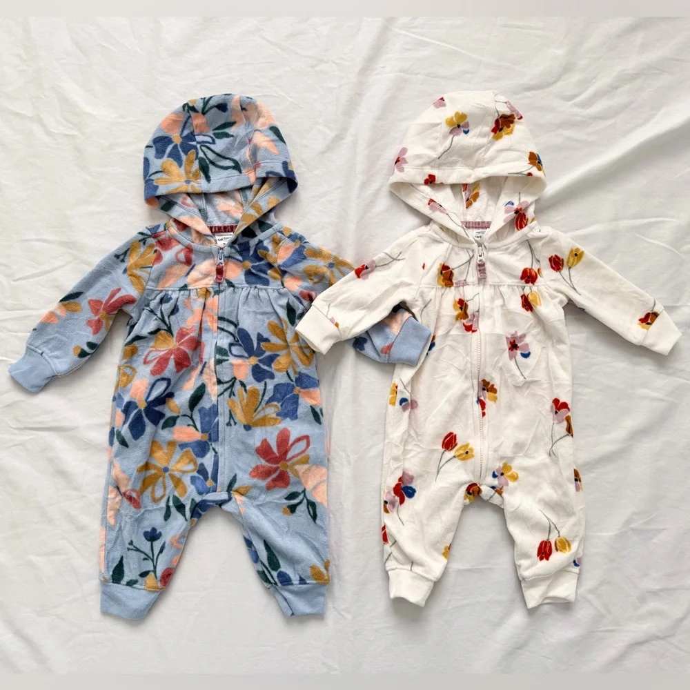 Carters Bundle | 2 Infant Girls Fleece Zip Hooded Jumpsuit | 3 months | Floral